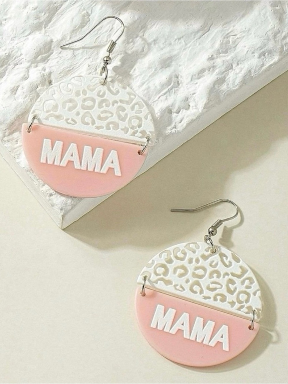 New Pink White Leopard Cheetah ’Mama’ Cute Round Drop Earrings - Mom Mother Gift